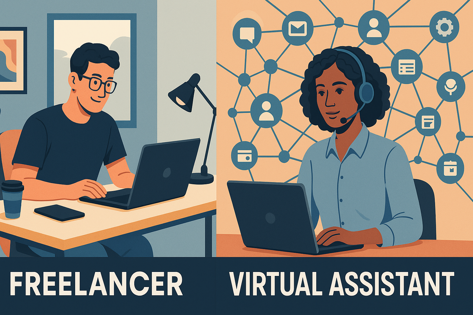 Illustration comparing a freelancer working at a desk and a virtual assistant with a headset and task icons.