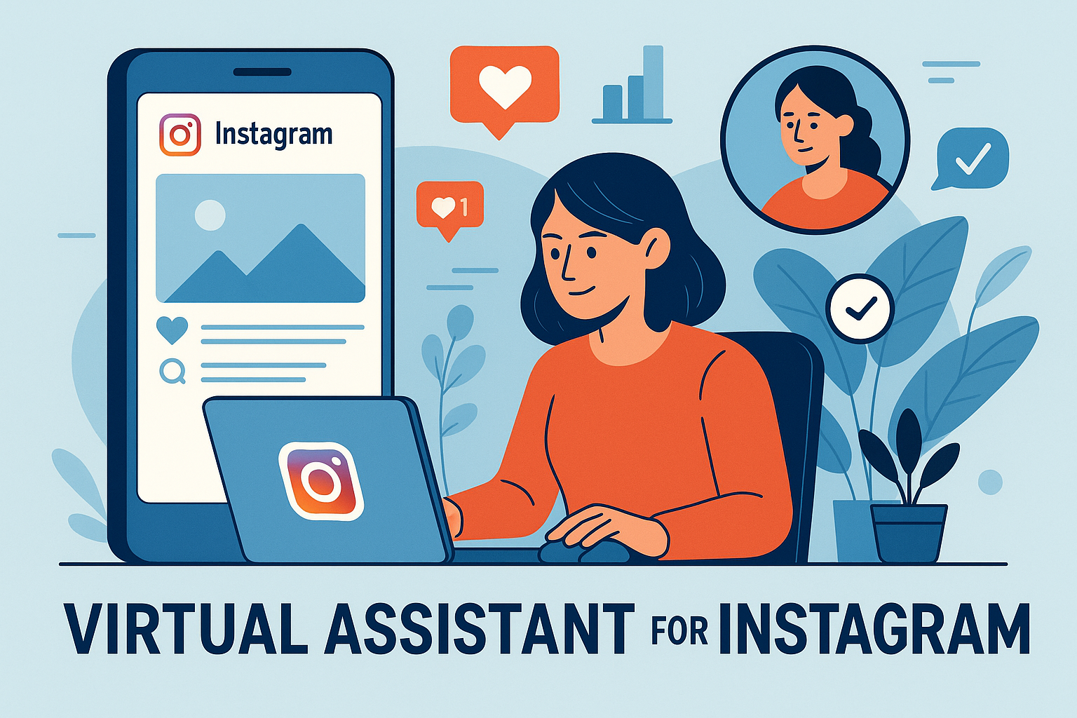 Illustration of a virtual assistant managing an Instagram account on a laptop and phone.